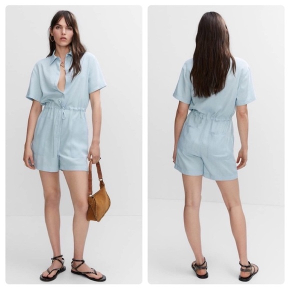 MANGO Light Blue Lyocell Short Sleeve Shirt Jumpsuit - S - Picture 1 of 16